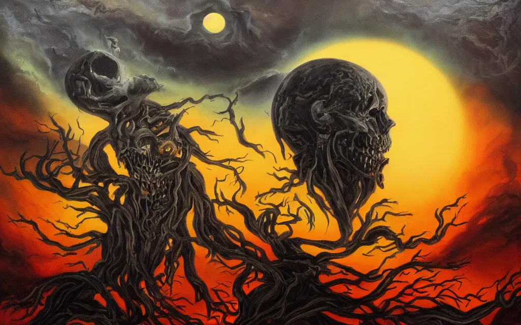 Image similar to black dead sun howling nightmare mythos dread sun of the void above the tomb wastes, award winning oil painting, dream mythos color palette