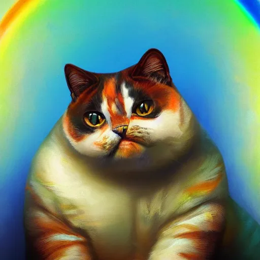 Image similar to a dramatic body portrait of an obese cat with rainbows and space behind it, cinematic lighting, symmetric face by karol bak, christopher balaskas