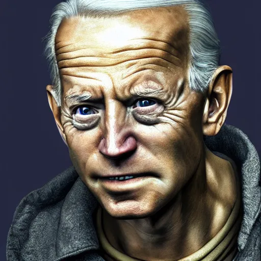 Image similar to hyperrealistic mixed media high resolution painting of Joe Biden Gollum from Lord of the Rings, stunning 3d render inspired art by Jamie Salmon and István Sándorfi and Unreal Engine and Greg Rutkowski, perfect facial symmetry, realistic flesh, dim volumetric lighting, 8k octane beautifully detailed render, full body shot, post-processing, extremely hyper-detailed, intricate, epic composition, highly detailed attributes, highly detailed atmosphere, cinematic lighting, masterpiece, trending on artstation, very very detailed, masterpiece, stunning, flawless completion, lifelike texture, perfection,