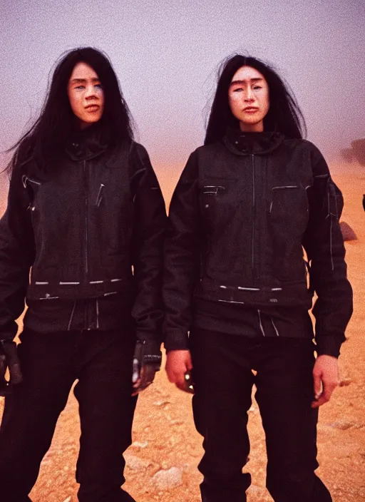 Prompt: cinestill 5 0 d photographic portrait of two loving clones, women wearing rugged black techwear on a desolate plain with a red sky, closeup, diverse species, cyberpunk, in front of a brutalist dark metal facility, dust storm, 3 5 mm, 8 k, f / 1 6, high resolution, ultra realistic faces, beautiful faces