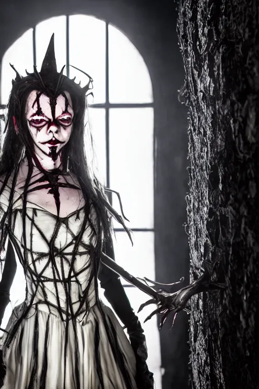 Prompt: dressed anya taylor - joy, a sinister demonic queen of cenobites, symmetrical, cinematic, terrific, demonic atmosphere, professional studio light, real dlsr photography, sharp focus, costume made by clive barker, real rotten flesh and blood, 4 k, ultra hd, sense of awe