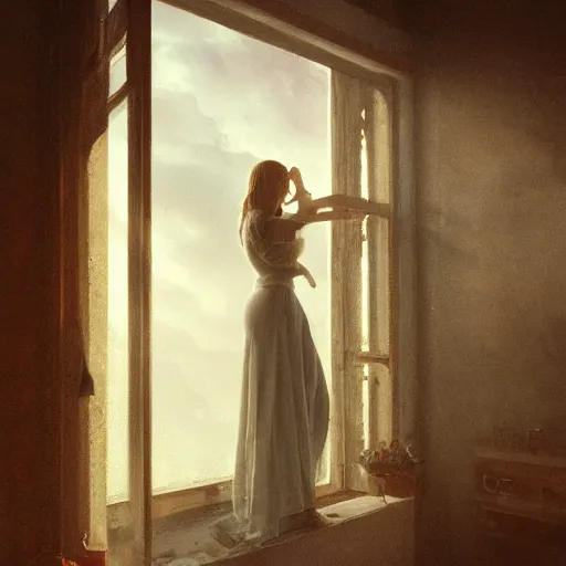 Image similar to young beautiful woman, view from window, sunset, high detail, dramatic light, digital art, chiaroscuro, painted by seb mckinnon, painted by greg rutkowski, painted by caspar david friedrich, trending on artstation