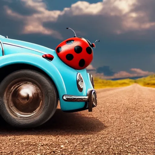 Image similar to promotional movie close - up of a ( volkswagen beatle ) car and insect lady bug hybrid. it is racing down a dusty back - road. cinematic, 4 k, imax, 7 0 mm