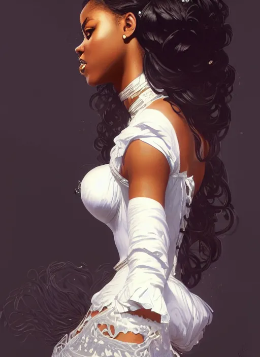 Image similar to cute black woman wearing a white corset dress, fantasy, intricate, highly detailed, digital painting, artstation, concept art, wallpaper, smooth, sharp focus, illustration, art by artgerm and greg rutkowski and alphonse mucha