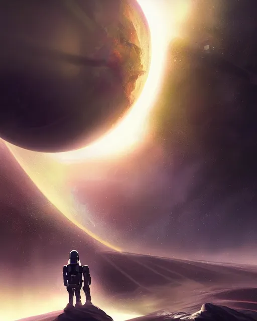 Image similar to space exploration, alien planet, expansive views of space, nebula, inspired by greg rutkowski and Keith Mallett, digital art, extremely moody lighting, glowing light and shadow, atmospheric, shadowy, cinematic