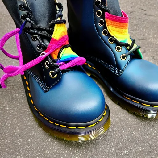 Image similar to a battered old pair of Dr martens boots with rainbow laces