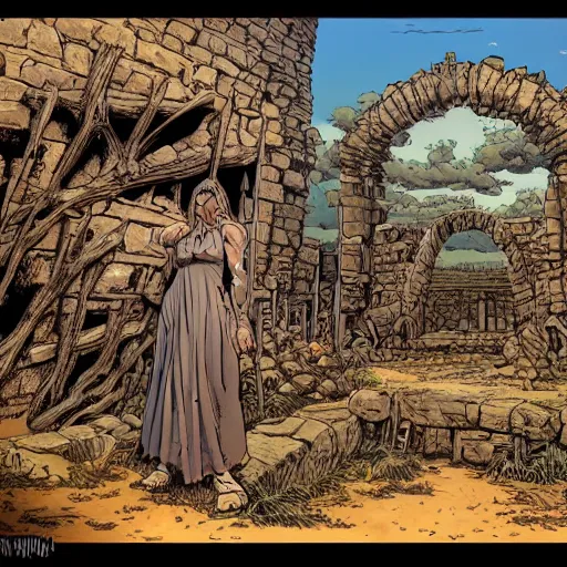 Prompt: precisely drawn illustration of an old stone well, wide angle, sharp, fine details, French comic style, vibrant realistic colors, full color, heroic fantasy, intense line art, 8k, precise linework, realistic, in the style of Heavy Metal Comics and Richard Corben and Moebius