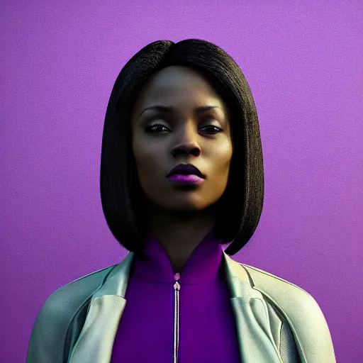 Image similar to black woman, hairstyle = short bob!!!, hair colour = light grey!!!, eyes = purple, wearing dark green bomber jacket, realistic 4 k octane beautifully detailed render, 4 k post - processing, highly detailed, intricate complexity, epic composition, magical atmosphere, cinematic lighting, masterpiece, ultra hd