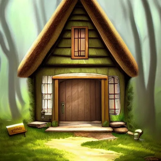 Image similar to a cottage in the woods with a giant notepad door, trending on artstation, detailed digital art, aesthetic!!!!,