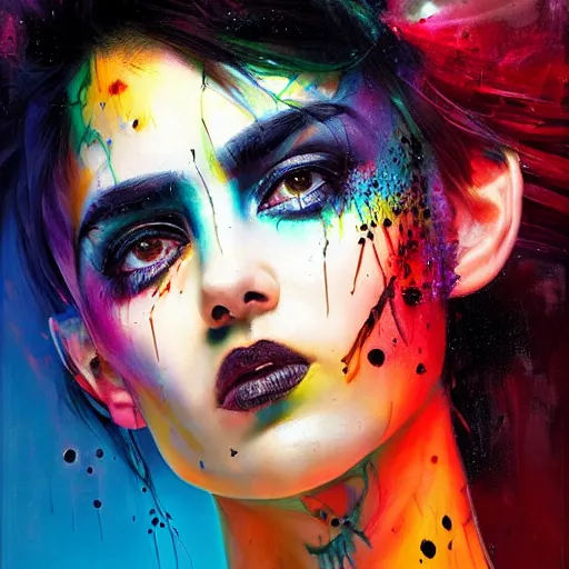 Prompt: cyberpunk goddess black hair, side portrait, striking, defiant, spotlight, vibrant colors, paint splash, beautiful eyes, symmetrical eyes, by marco paludet and gianni strino and marion bolognesi