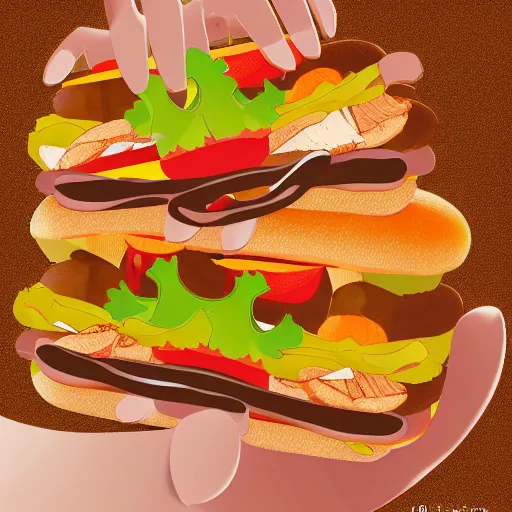 Prompt: a portrait of a human with feet for hands, hot dog, hamburger, chicken sandwich