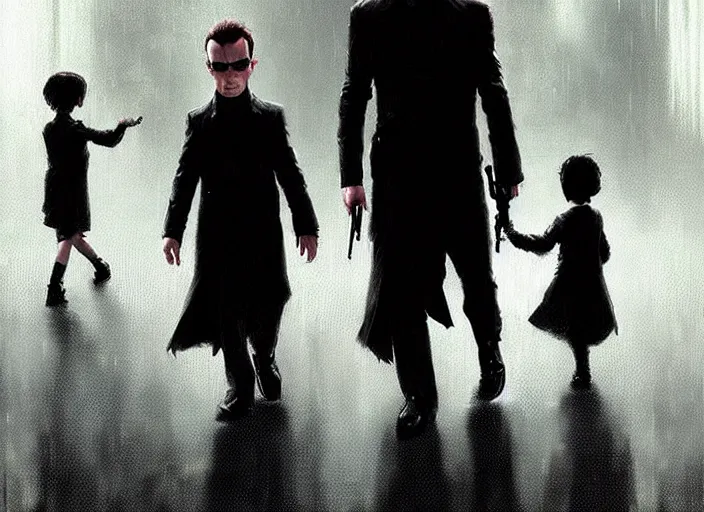 Image similar to agent smith helping small children cross the street in the matrix. digital painting. greg rutkowski. fantasy artwork.