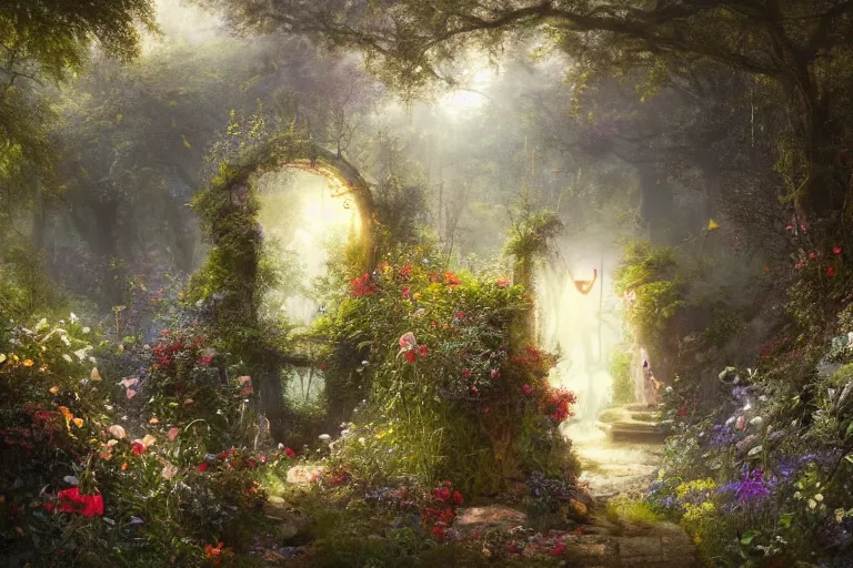 Image similar to gateway to fairyland, fireflies, mushrooms, multicoloured flowers, the secret garden. the hidden garden. private garden. andreas achenbach, artgerm, mikko lagerstedt, zack snyder, tokujin yoshioka