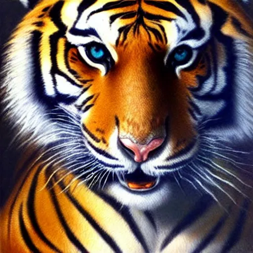 Prompt: A stunning oil painting of a tiger, anatomically correct, artstation, smooth, sharp focus