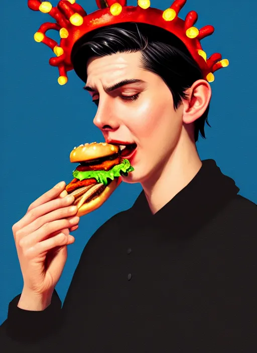 Image similar to portrait of jughead jones, eating a hamburger, wearing a crown, eyes closed, intricate, elegant, glowing lights, highly detailed, digital painting, artstation, concept art, smooth, sharp focus, illustration, art by wlop, mars ravelo and greg rutkowski