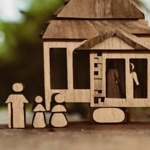 Prompt: a family made out of wood in a normal house