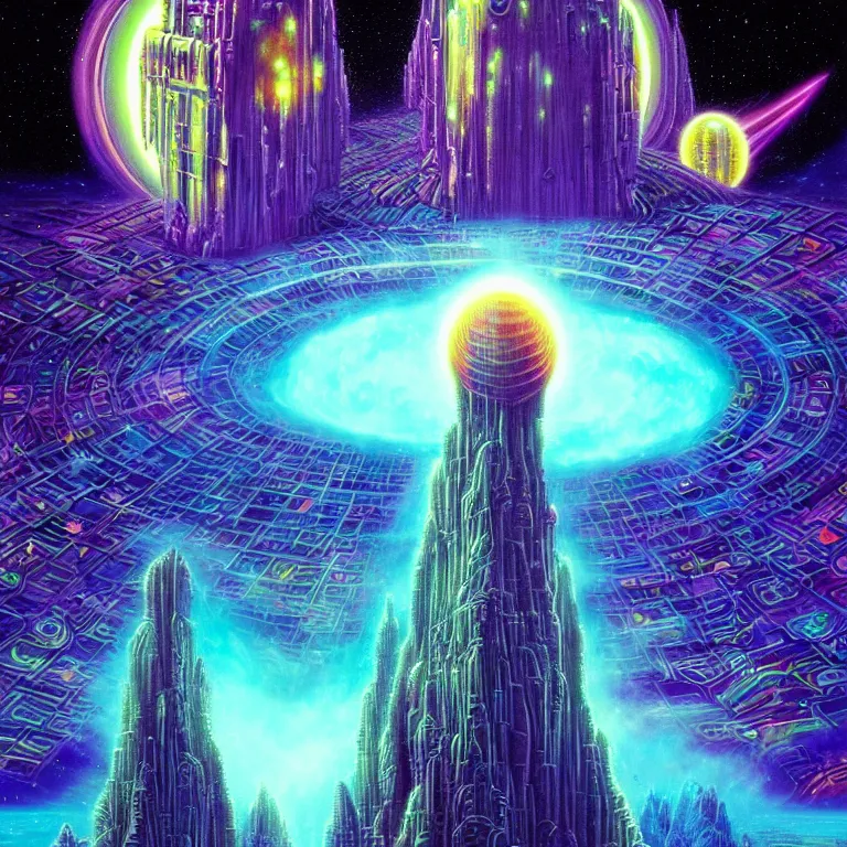 Image similar to mysterious satellites over epic mystical crystal temple, infinite fractal tesseract, quantum waves, synthwave, bright neon colors, highly detailed, cinematic, tim white, vladimir kush, jim burns, bob eggleton, philippe druillet, kubrick, aubrey beardsley, michael whelan, alfred kelsner, boris vallejo