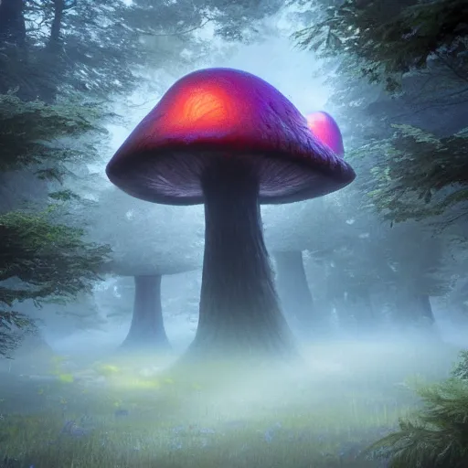 Prompt: giant glowing mushroom house in a magical foggy forest, fantasy concept art, hyperrealistic imagination, 8k resolution, octane render, deviant art