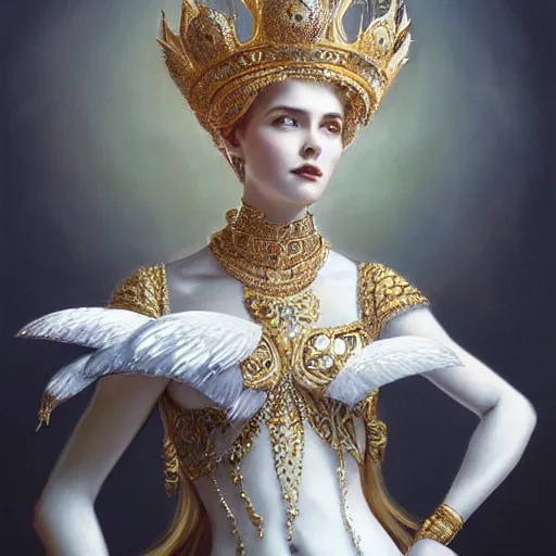 Image similar to a queen with a decorated dress made of white pearls and white plumes of swan, highly detailed, digital painting, Trending on artstation , HD quality, by artgerm and greg rutkowski and alphonse mucha, dramatic light, octane