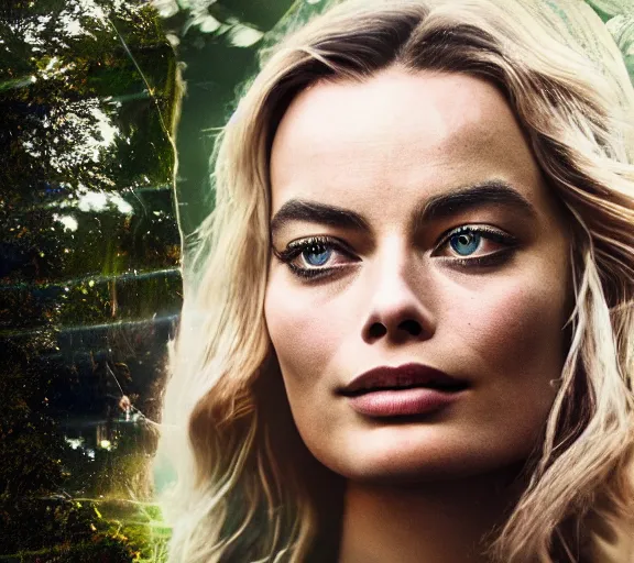 Image similar to Double exposure of margot robbie with nature, highly detailed, trending on artstation
