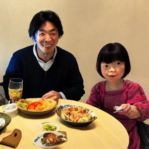 Image similar to photo of a japanese family having dinner with shrek