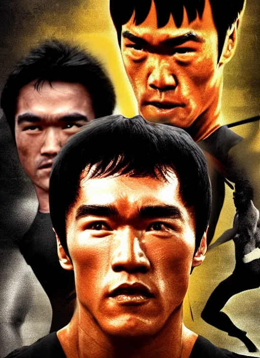 Image similar to Film poster Arnold Schwarzenegger VS Bruce lee , faces look at each other, detailed and realistic, 4k, filmic render