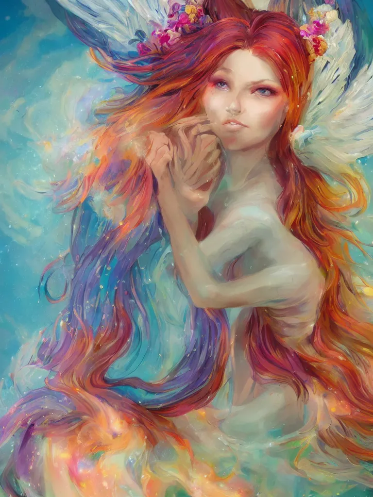 Image similar to a colorful and provenance portrait painting of angel with her hugeflowers wings spread out gracefully, highly saturated colors, teardrop eyes open, highly detailed, hair made of hair made of air wind and curling smoke, mist, dust, genie, flowers, flower, spirit fantasy concept art, art by charlie bowater and aenami, trending on artstation.