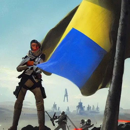 Prompt: In the Star Wars universe, rebels with Ukrainian flags are holding back the attacks of invaders with Russian flags by Greg Rutkowski