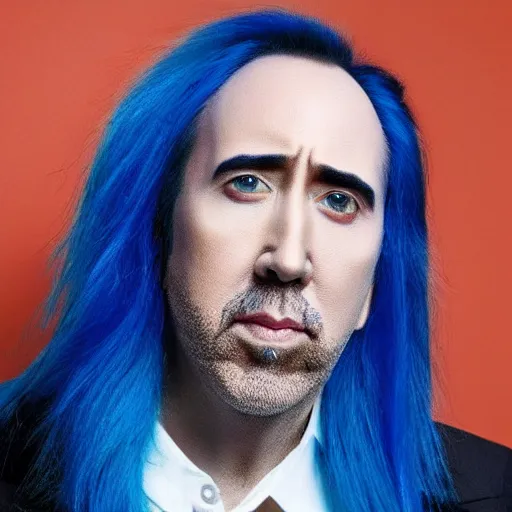 Image similar to nicholas cage with blue hair