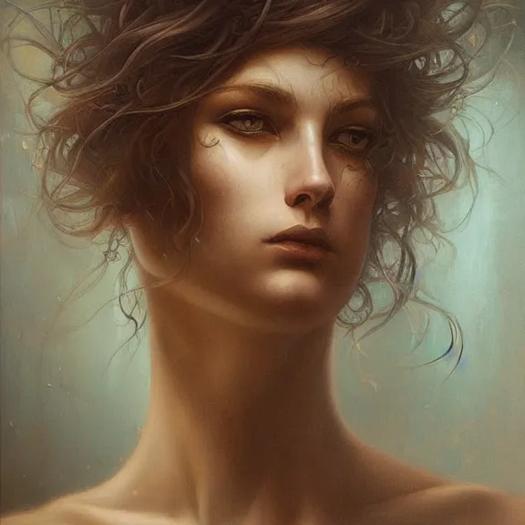 Image similar to a highly detailed beautiful portrait in the style of jean delville and in the style of peter mohrbacher.