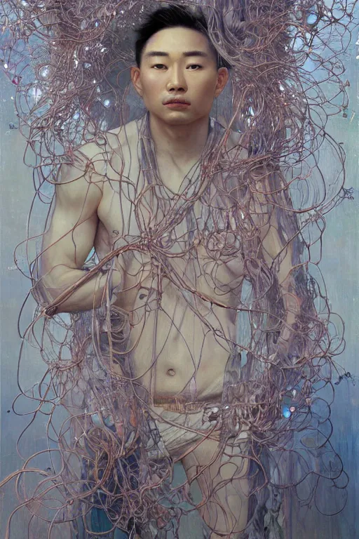 Image similar to hyperrealist portrait of an attractive angelic asian man, it is decorated with long wires that fall like vines and wears small computers over their body. by jeremy mann and alphonse mucha, fantasy art, photo realistic, dynamic lighting, artstation, poster, volumetric lighting, very detailed faces, 4 k, award winning