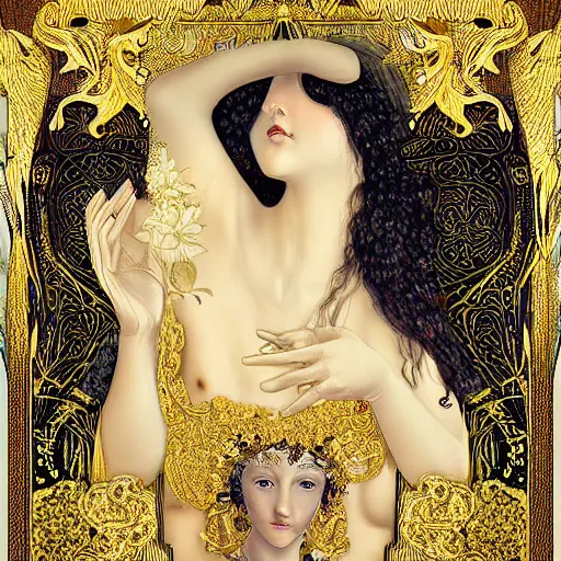 Prompt: a beautiful girl made of ivory and gold, highly intricate, digital art, very detailed, in the style of a weird and dark eerie liminal art nouveau flemish painting