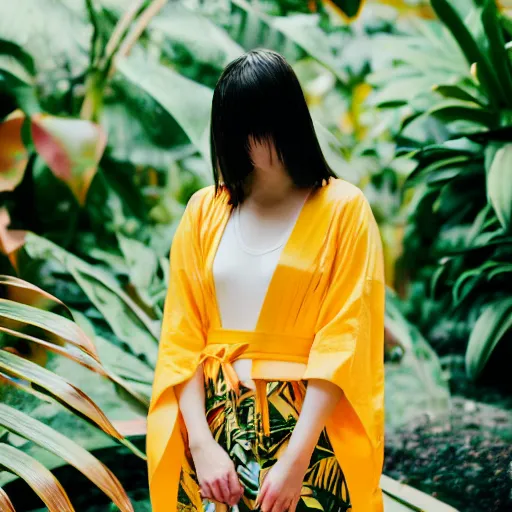 Image similar to photo. of a young woman!!! wearing a yellow kimono in a tropical greenhouse, super resolution. 35 mm lens, bokeh