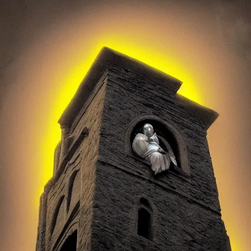 Image similar to Close up of a terrified young catholic priest at the top of a medieval tower watching in fear as an ominous yellow shadow descends upon him from the night sky. His face is seen from above. High angle, dramatic lighting. Award-winning digital art, trending on ArtStation