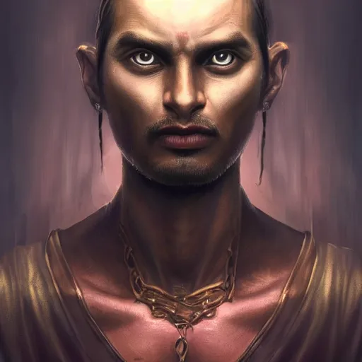 Prompt: portrait of a slender indian man with angry face. renaissance era. Redguard. Skyrim. Epic fantasy. hyperrealism. symetric face cinematic top lighting, insanely detailed and intricate, face by wlop, Frank frazeta, Lucas Graciano Boris Vallejo. Character Art. High Fantasy. golden ratio, symmetric matte painting, cinematic, trending on artstation, deviantart and cgsociety, 8k, high resolution