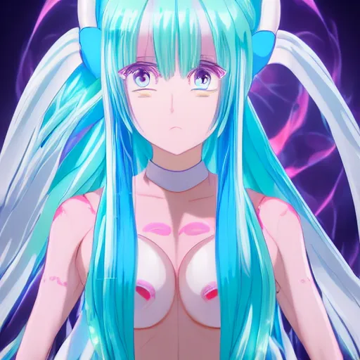 Image similar to viewed from frog's perspective, stunningly beautiful omnipotent megalomaniacal anime goddess with porcelain skin, pink twintail hair and mesmerizing cyan eyes, symmetrical perfect face smiling in a mischievous, devious and haughty way while looking down upon the viewer, mid view, hyperdetailed, 2 d, 8 k