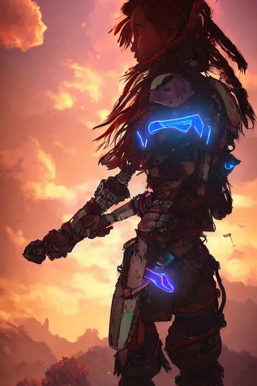 Image similar to combination suit armor aloy horizon forbidden west horizon zero dawn radiating a glowing aura global illumination ray tracing hdr fanart arstation by ian pesty and alena aenami artworks in 4 k tribal robot ninja mask helmet backpack