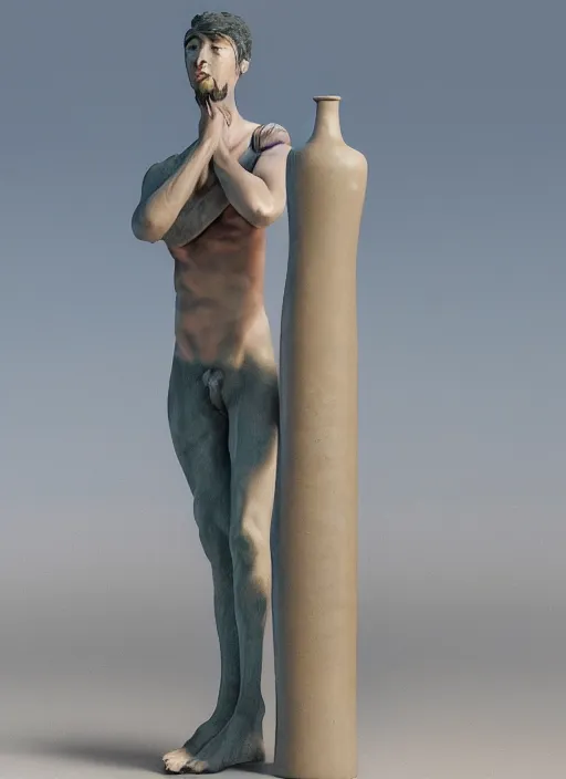 Image similar to a sculpture of a man standing next to a tall vase, a raytraced image by Hikari Shimoda, polycount, video art, vray tracing, ray tracing, rendered in unreal engine