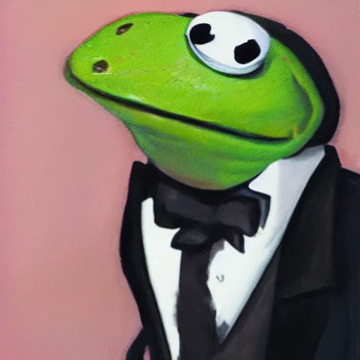 Prompt: portrait of kermit the frog in a tuxedo