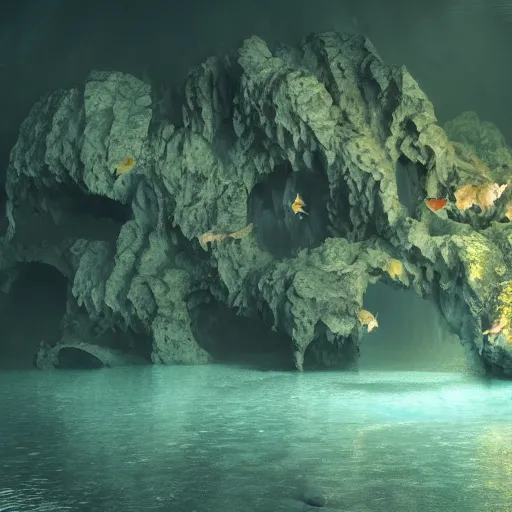 Image similar to amazing cave underwater, lots of fish, volumetric light, octane render, hieronymus bosch style, highly detailed, dramatic lighting, misty, gothic, artstation, cgsociety