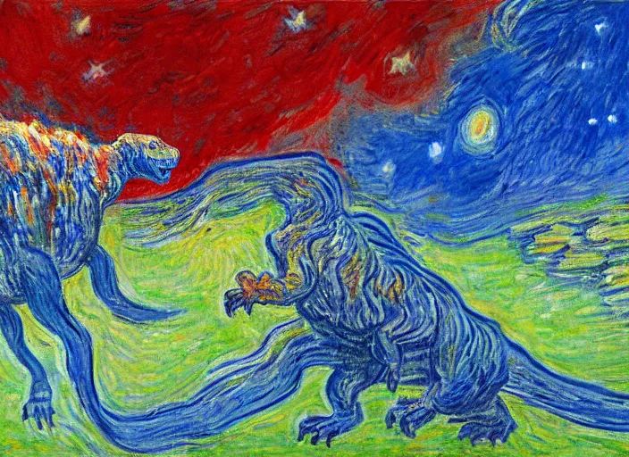 Prompt: painting of the extinction of the dinosaurs with asteroid and fire, in the style of claude monet and vincent van gogh, dramatic lighting red and blue