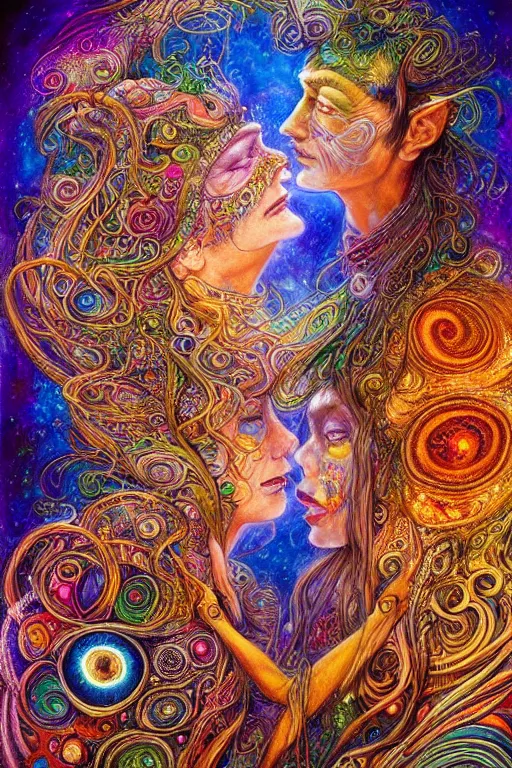 Image similar to two psychedelic shamans intertwined in a cosmic entanglement by Josephine Wall and Daniel Merriam, Artstation