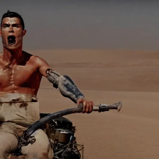 Image similar to cristiano ronaldo playing the guitar in mad max fury road ( 2 0 1 5 ), movie still,