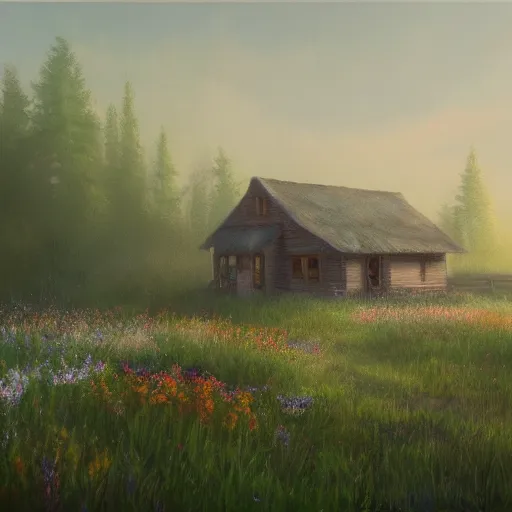 Prompt: a matte painting of a prairie, close up cottage, foggy, patchy flowers, oil painting, pale colors, high detail, 8 k, wide angle, trending on artstation,