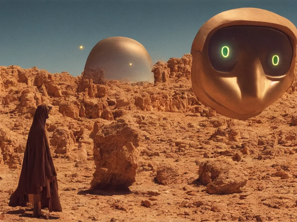 Prompt: levitating glowing bene gesserit with full - face golden mask and glowing eyes in a dry rocky desert landscape, sunny atmosphere, fata morgana giant mirrors, giant alien spaceship in the sky by alejandro jodorowsky, anamorphic lens, kodakchrome, cinematic composition, practical effects, 8 k,