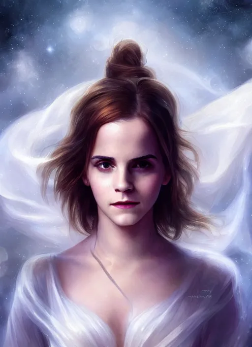 Image similar to emma watson as magic healer celestial, long hair, white and transparent cloth, space, D&D, shiny background, intricate, elegant, highly detailed, digital painting, artstation, concept art, smooth, sharp focus, illustration, artgerm, bouguereau