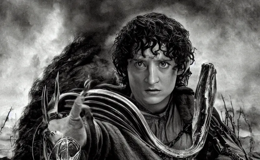 Image similar to movie still, lord of the rings frodo baggins in the style of h. r. giger, dark, cinematic, directed by ridley scott, cinema scope