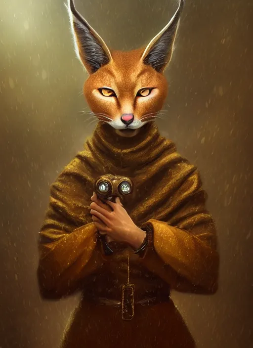 Prompt: surrealistic closeup portrait of anthropomorphic caracal in golden priest clothes wearing vr in orthodox church, bokeh, foggy, dynamic lighting, darkness, ambients, dramatic, foggy, heavy bokeh and blur, cinematic, depth of field, art by bussiere rutkowski andreas rocha