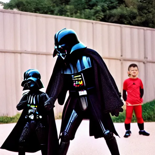 Image similar to Darth Vader playing soccer together with Elmo and Freddy Krueger