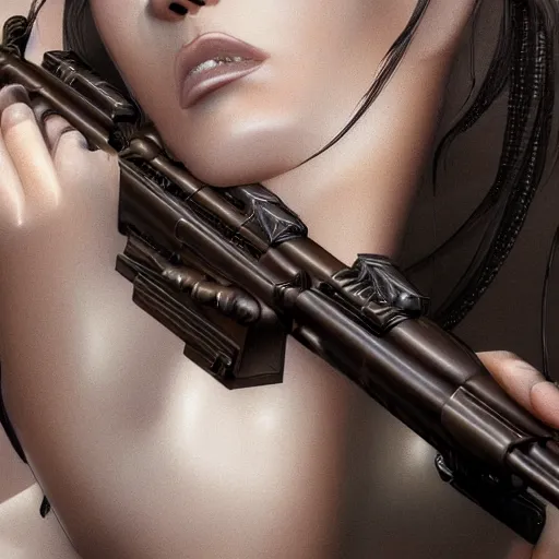 Image similar to close up of beautiful female kissing barrett m 9 5 sniper rifle, hi - fructose, decadent highly - detailed digital painting, golden ratio, octane render, artstation, cinematic composition, smooth, sharp focus